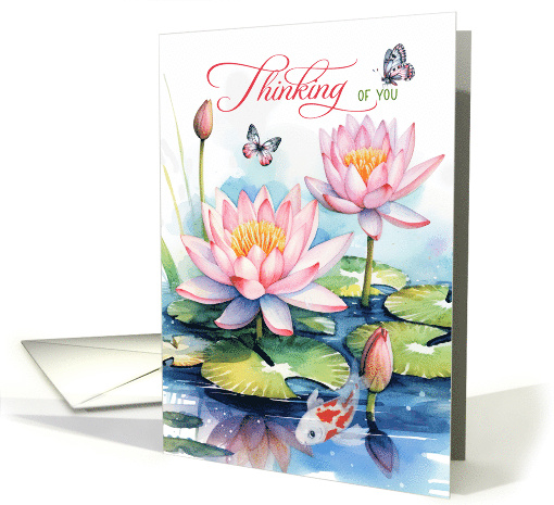 Thinking of You Waterlily Garden with Butterflies and a Koi Fish card