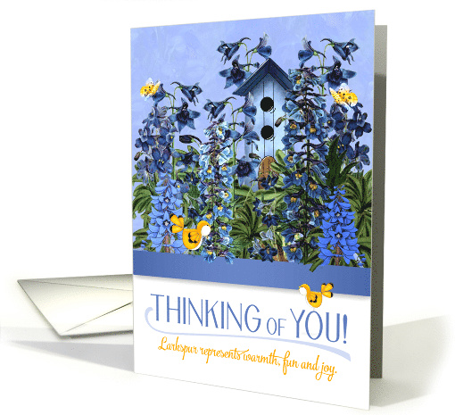 Thinking of You Larkspur Flower Garden with Yellow Canaries card