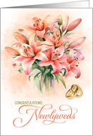 Wedding Congratulations Newlyweds Peach Lilies and Wedding Bands card