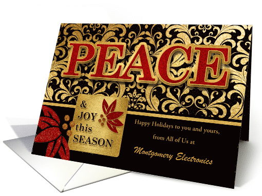 Custom Business Holiday Peace Theme in Red Gold and Black card