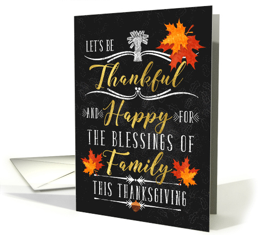 Thanksgiving the Blessings of Family Chalkboard and Autumn Leaves card