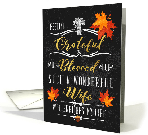 for Wife Thanksgiving Blessings Chalkboard and Autumn Leaves card