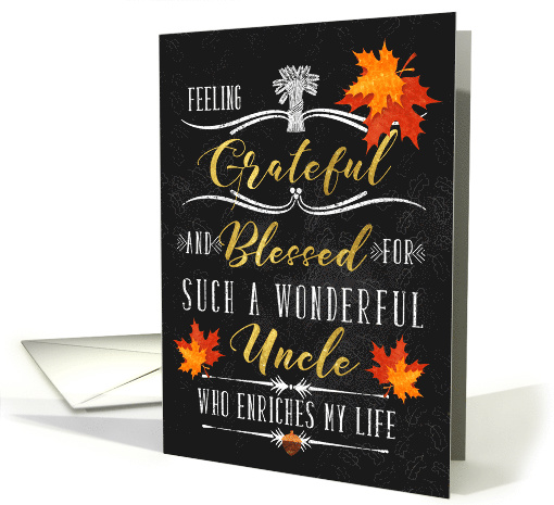 for Uncle Thanksgiving Blessings Chalkboard and Autumn Leaves card
