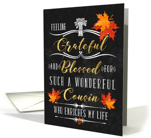 for Cousin Thanksgiving Blessings Chalkboard and Autumn Leaves card