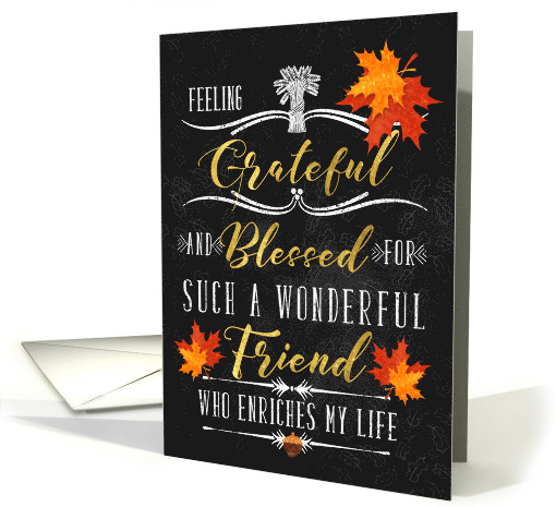 for a Friend Thanksgiving Blessings Chalkboard and Autumn Leaves card