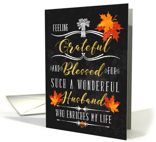 for Husband Thanksgiving Blessings Chalkboard and Autumn Leaves card