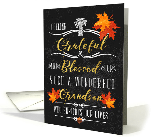 for Grandson Thanksgiving Blessings Chalkboard and Autumn Leaves card
