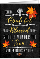 for Son Thanksgiving Blessings Chalkboard and Autumn Leaves card