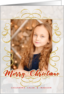 Merry Christmas Golden Swirls with Red and Custom Photo card