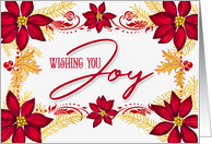 JOY Red Poinsettias and Gold Pine Branches Holiday card