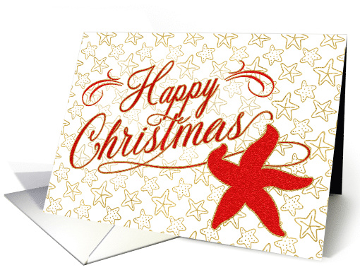 Happy Christmas Starfish Nautical Beach Theme in Red and Gold card