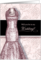 Be in My Wedding? Blush Pink Gown with Roses and Black card