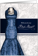 Best Maid Bridal Request Navy Blue Gown with Roses and White card