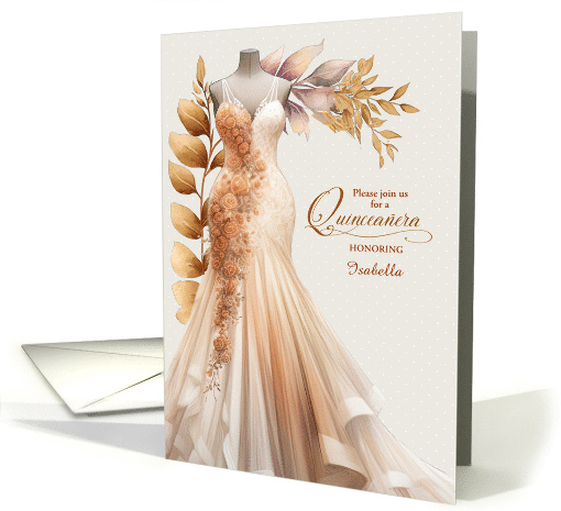 Quinceanera Invitation Peach and Golden Gown Custom card (1508322)