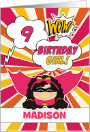 9th Birthday for Girls Super Kids Pink Comic Book Theme card