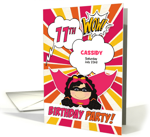 11th Birthday Party Girls Superhero Pink Comic Book Theme Custom card