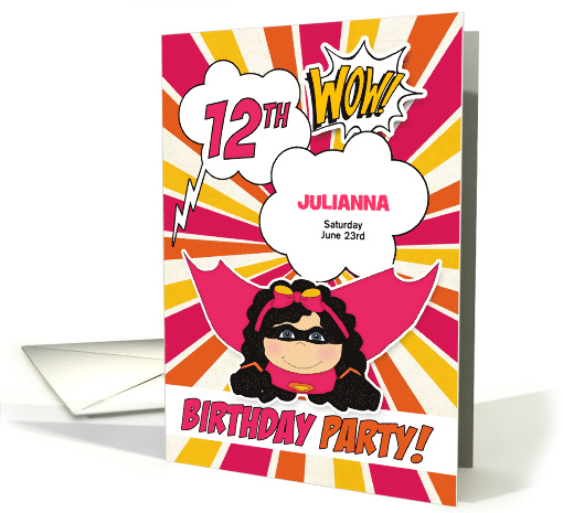 12th Birthday Party Girls Superhero Pink Comic Book Theme Custom card