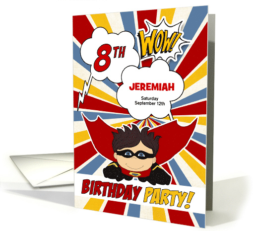 8th Birthday Party Boys Superhero Red Comic Book Theme Custom card
