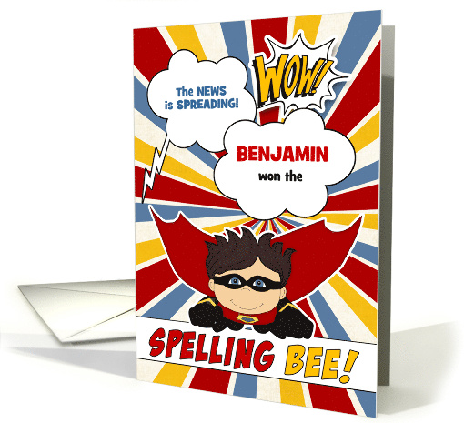 Spelling Bee Winner Congratulations Boy Superhero Custom card