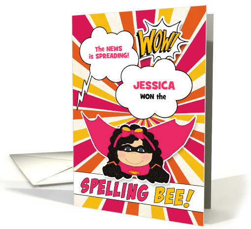 Spelling Bee Winner Congratulations Pink Girl Superhero Custom card