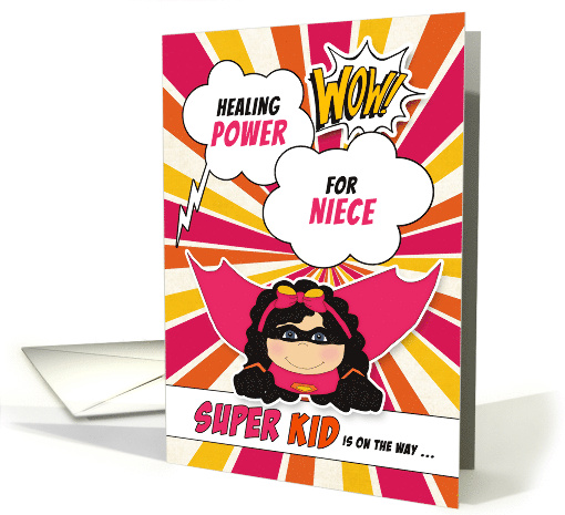 for Niece Get Well Girls Pink Superhero Comic Book Theme card