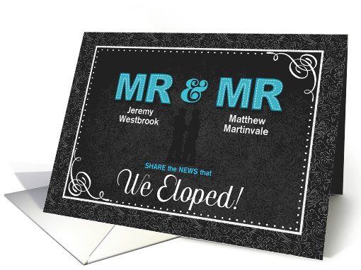 We Eloped Mr and Mr Black Damask Chalkboard Custom Names card