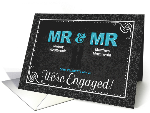 Engagement Party Mr and Mr Black Damask Custom Names card (1514624)