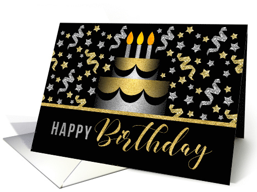 Happy Birthday Gold and Silver Faux Glitter on Black with Cake card