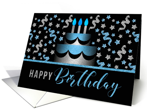 for Him Birthday Cake in Blue and Silver Faux Glitter Look card