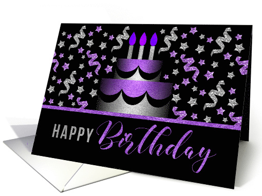 for Her Birthday Cake in Purple and Silver Faux Glitter Look card