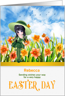 for Girls at Easter Daffodils with Girl in Green Child’s Name card