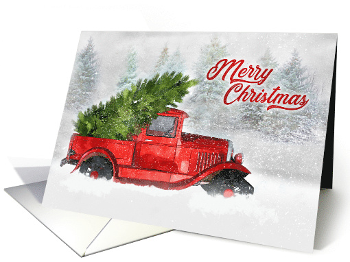 Merry Christmas Classic Car Watercolor Sketch in Woodland Scene card