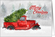 Merry Christmas Classic Car Watercolor Sketch in Woodland Scene card