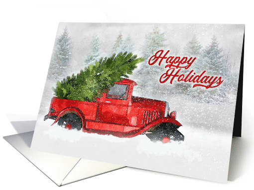 Happy Holidays Classic Car Watercolor Sketch in Woodland Scene card