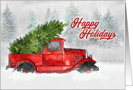 Happy Holidays Classic Car Watercolor Sketch in Woodland Scene card