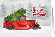 Season’s Greetings Classic Car Watercolor Sketch in Woodland Scene card