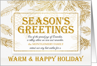 Season’s Greetings in Gold and Winter White Family Name card