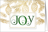 Joy Christmas Typography in Green with Gold Pine Branches card