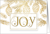 Joy Christmas Typography in Gold and White Pine Branches card