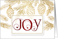 Joy Christmas Typography in Red and Gold Pine Branches card