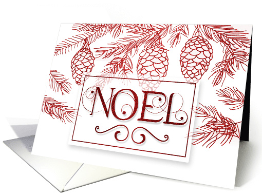 Noel Christmas Typography in Red and White Pine Branches card