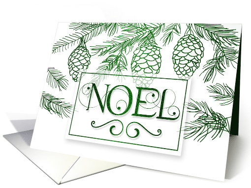 Noel Christmas Typography in Green and White Pine Branches card