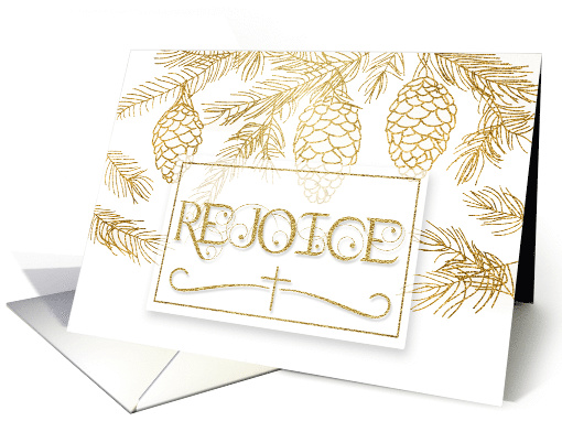 Rejoice Christian Christmas Typography with Gold Pine Branches card