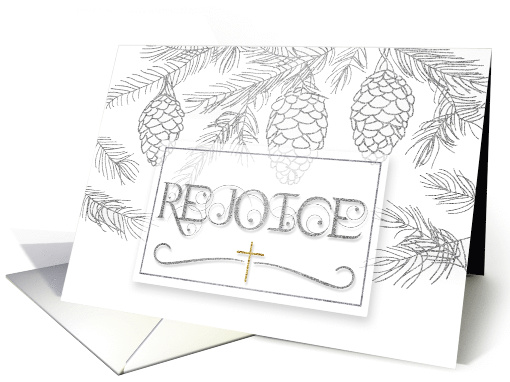 Rejoice Christian Christmas Typography with Silver Pine Branches card