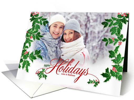 Happy Holidays Holly and Berries Horizontal Family Photo card