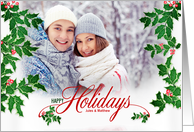 Happy Holidays Holly and Berries Horizontal Family Photo card
