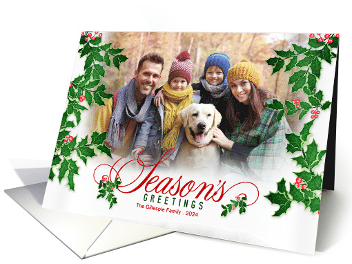 Season's Greetings Holly and Berries Horizontal Family Photo card