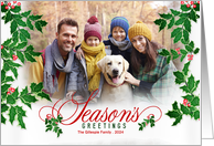 Season’s Greetings Holly and Berries Horizontal Family Photo card