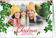 Christmas Greetings Holly and Berries Horizontal Family Photo card
