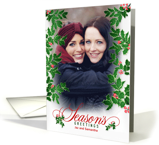 Season's Greetings Holly and Berries Vertical Family Photo card